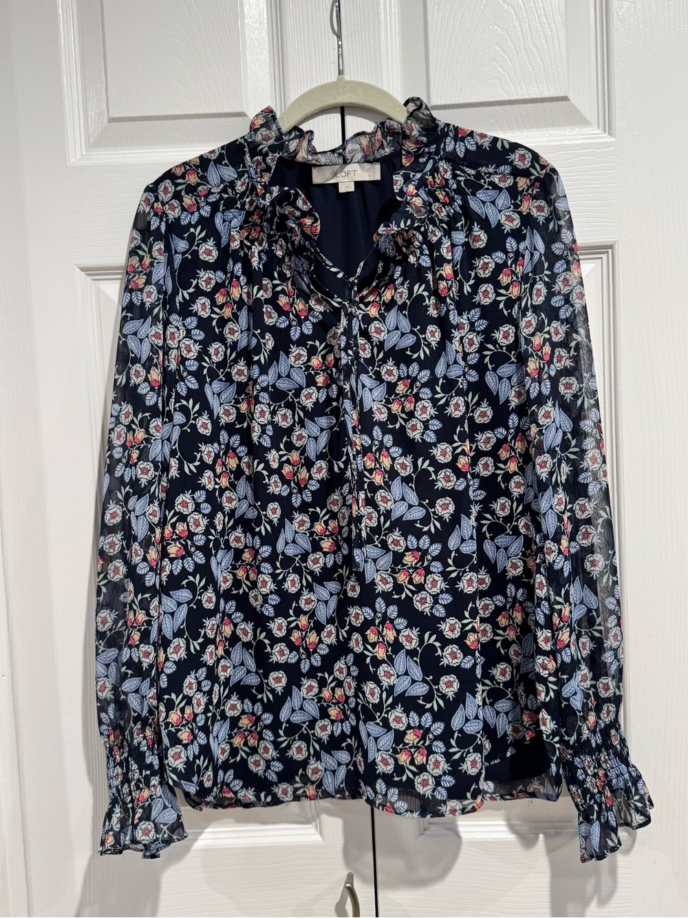 LOFT Navy Floral Ruffle Tie-Neck Blouse